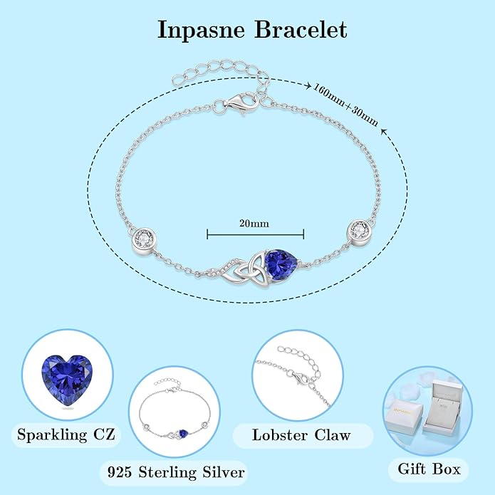 Infinity Celtic Knot Jewelry Set for Women 925 Sterling Silver Irish Necklace Tanzanite Dangle Drop Leverback Earrings and Bracelet December Birthstone Jewelry Gifts for Her