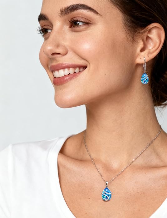 STARCHENIE 925 Sterling Silver Aquamarine Necklace Earrings for Women Pear Cut Birthstone Pendant Jewelry Set March Gift