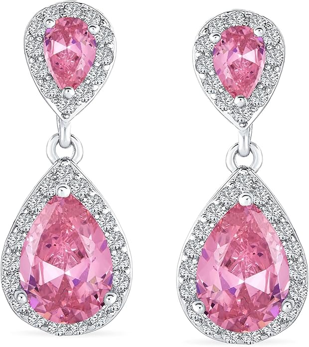 Vintage Style Bridal Cubic Zirconia Simulated Gemstone AAA CZ Halo Dangle Teardrop Chandelier Clip On Earrings For Women Silver Rose Gold Plated in Black Purple Blue Red Rose Pink Green Clear