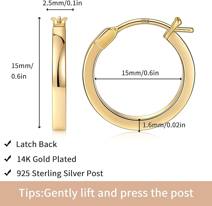 Gacimy Flatted Hoop Earrings for Women 14K Gold Plated with 925 Sterling Silver Post