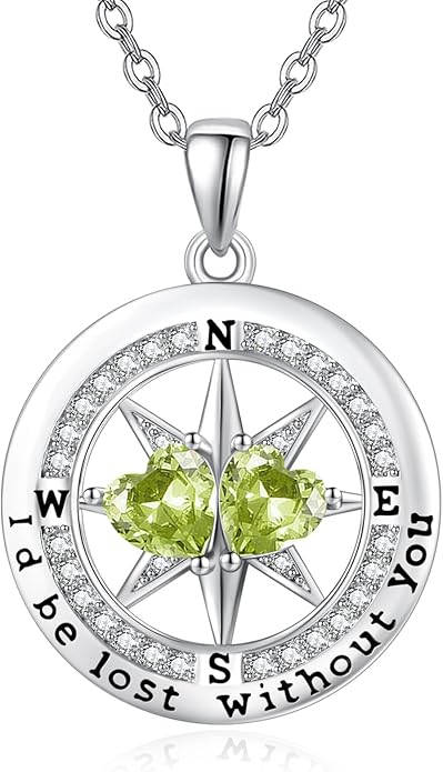 Compass Necklace for Women, Exquisite S925 Valentines Day Anniversary Birthday Gifts for Wife Her Double Birthstone Pendant Jewelry ‘I'd be Lost Without You’