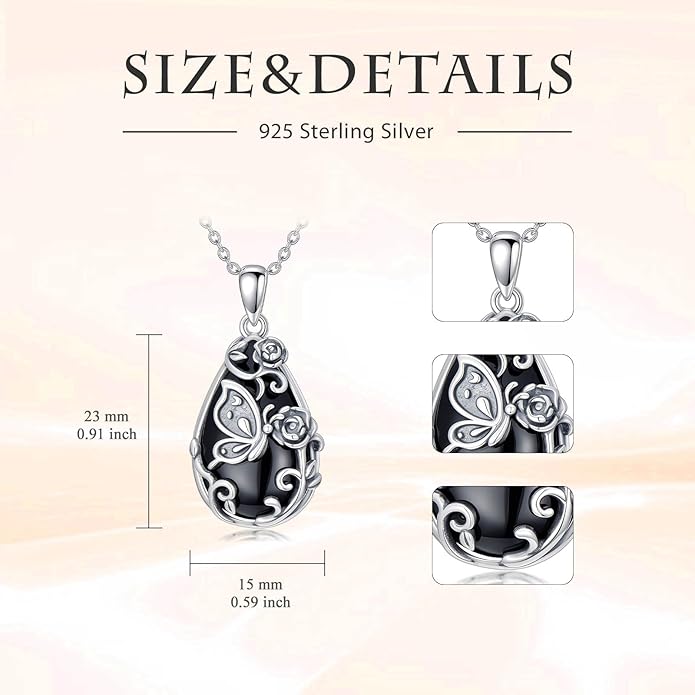 Black Onyx Necklace 925 Sterling Silver Flower Insect Pendant Teardrop Onyx Jewelry Valentines Day Birthday Gifts for Women