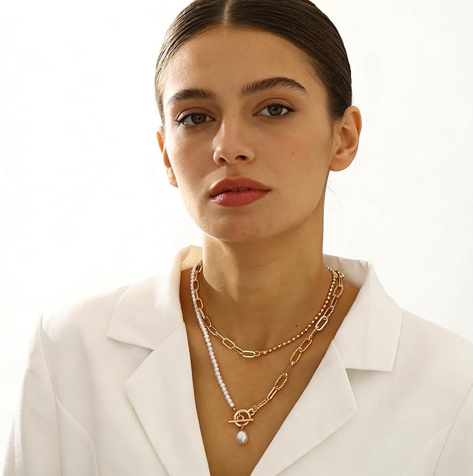 Layered Pearl Chain Necklace for Women, 14K Gold Plated Pearl Link Toggle Clasp Necklace, Dainty Trendy Layered Choker Chunky Jewelry Fashion Gift for Women