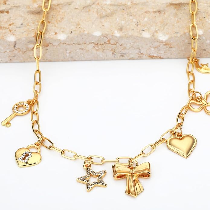 Charm Necklace for Women Gold Evil Eye Sun Moon Flower Coin Pendant Necklace Dainty Paperclip Chain Vintage Luck Amulet Choker Necklaces Celestial Jewelry Gift
