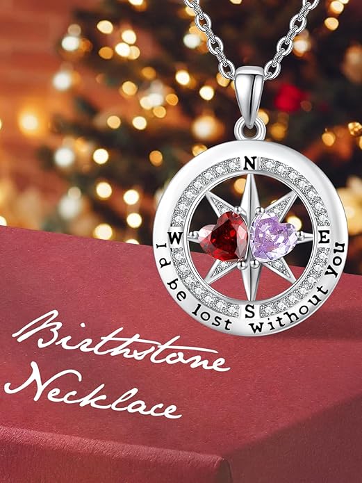 Compass Necklace for Women, Exquisite S925 Valentines Day Anniversary Birthday Gifts for Wife Her Double Birthstone Pendant Jewelry ‘I'd be Lost Without You’