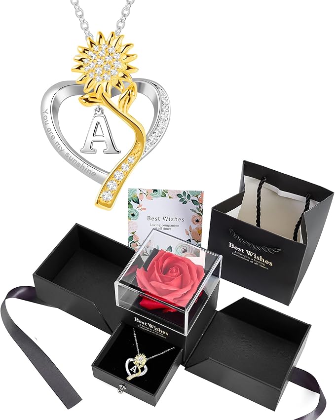 Birthday Gifts for Women Preserved Real Rose with Sunflower Initial Necklace - Birthday Gifts for Women Her Mom Wife on Valentines Mothers Day Christmas Anniversary Romantic with Pendant A