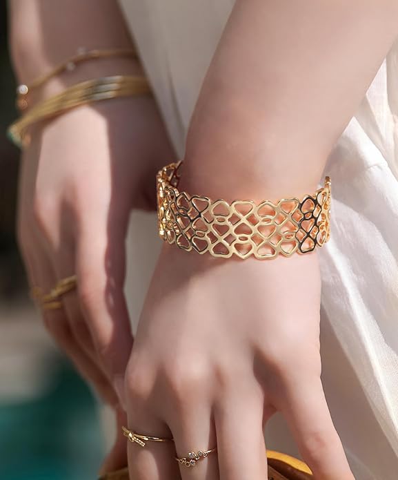 PERNNLA PEARL Dainty Gold Bar Bracelet for Women Simple Delicate Thin Cuff Bangle Hook Bracelet 18K Gold Plated Handmade Minimalist Jewelry