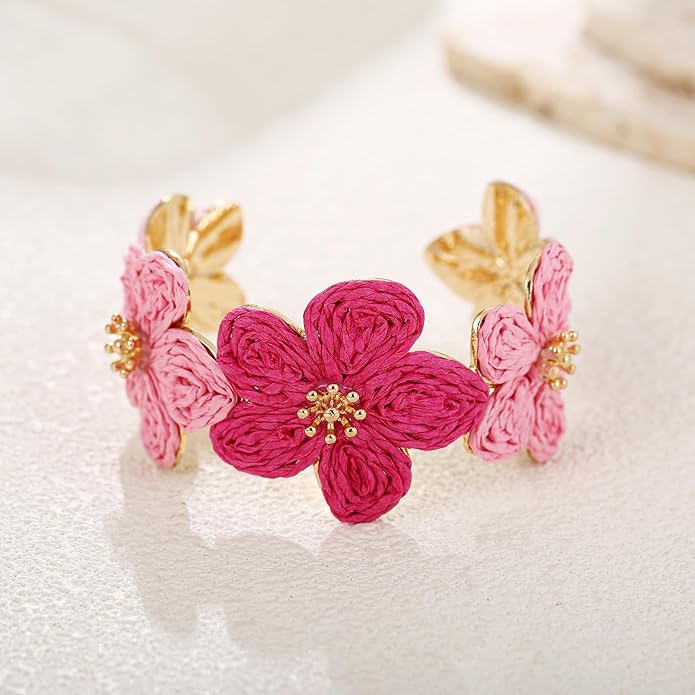 Raffia Flower Cuff Bracelet for Women, Floral Chunky Bangle Wide Open Cuff Statement Bracelet