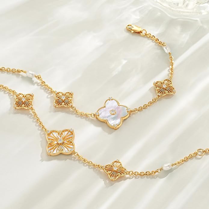 FETERO Gold Bracelets for Women Trendy, Dainty 14K Gold Plated Charm Clover Bracelet 2 Sided Lucky Pendant Cute Pearl Beaded Bracelets Link Chain Waterproof Womens Jewelry Gifts