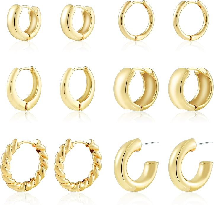 Wgoud 6 Pairs Gold Hoop Earrings Set for Women, 14K Gold Plated Hypoallergenic Lightweight Chunky Open Huggie Hoops Earrings Jewelry for Gifts.
