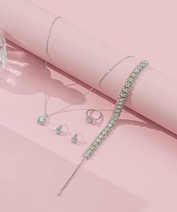 4pcs Cubic Zirconia Wedding Jewelry Sets for Bride Bridesmaid Cubic Zirconia Pendant Necklace Earrings Link Tennis Bracelet Open Ring Set for Women