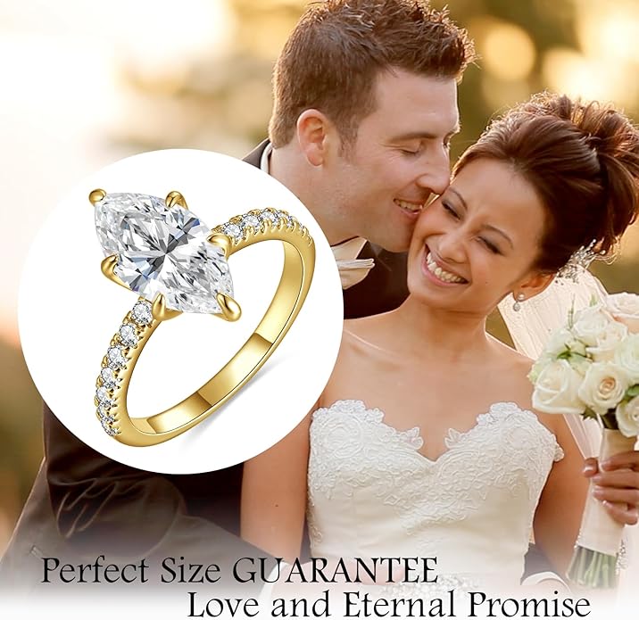 3.5CT Marquise Cut Engagement Ring for Women, Wedding Promise Cubic Zirconia Band, 14K Gold Plated Bridal Half Eternity Simulated Diamond Rings for Anniversary, Size 5-9