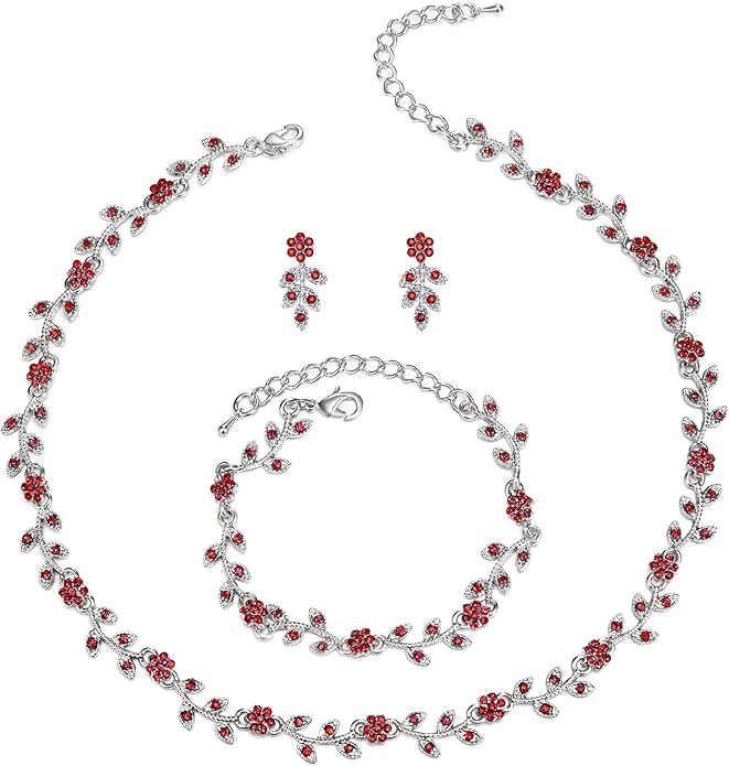 BriLove Wedding Jewelry Set for Women Bride, Gorgeous Stunning Crystal Flower Leaf Cluster Choker Necklace Link Bracelet Stud Earrings Bridal Bridesmaid