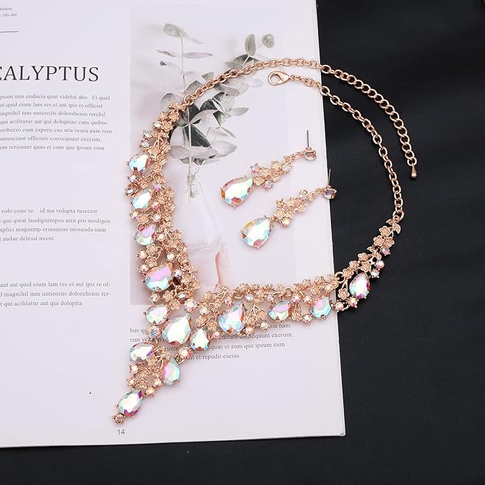 CSY Elegant Crystal Costume Jewelry Sets Flower Bridal Necklace Earrings Stretch Bangle Set for Bride Bridesmaid Wedding Dress Accessories