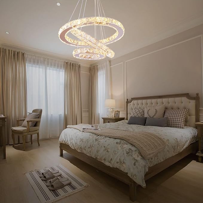 Dixun Dimmable LED Chandeliers Modern Ceiling Light Fixture 3 Rings Adjustable Stainless Steel Pendant Light Chandelier for Bedrooms Living Room