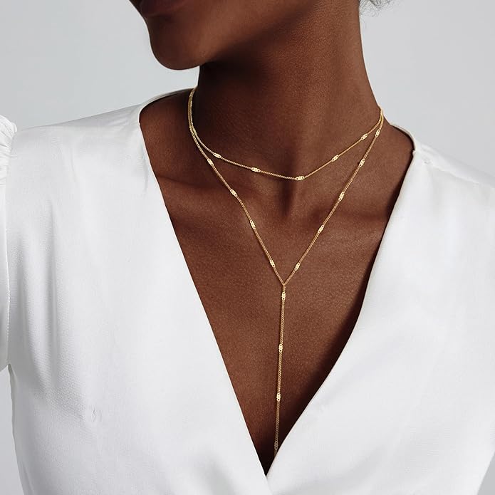 Lariat Gold Necklace for Women Dainty Long Necklace 14k Gold Plated/Silver Y-Shaped Pendant Drop Chain Trendy Layered Pearl/Beaded/CZ Necklaces Simple Gold Jewelry For Women Gift