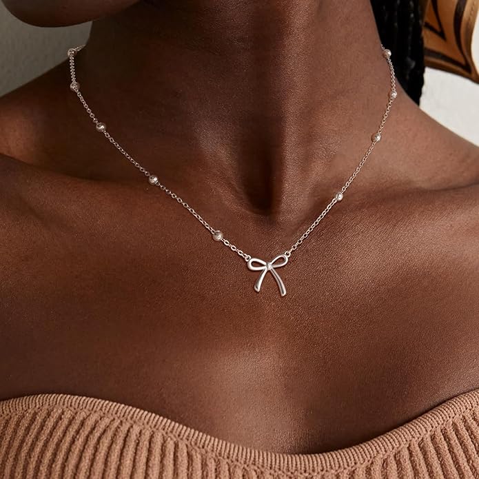 Valentines Day Gifts for Her - Dainty Bow Necklace for Women 14K Gold Plated Cute Choker Small Pendant Charm Necklaces Teen Gift Trendy Stuff Personalized Jewelry