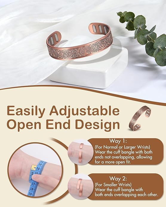 Feraco Copper Bracelet for Men, 5X Ultra Strength Magnetic Cuff Bangle with 5000 Gauss Neodymium Magnets, 99.99% Pure Copper Jewelry Gift, Adjustable