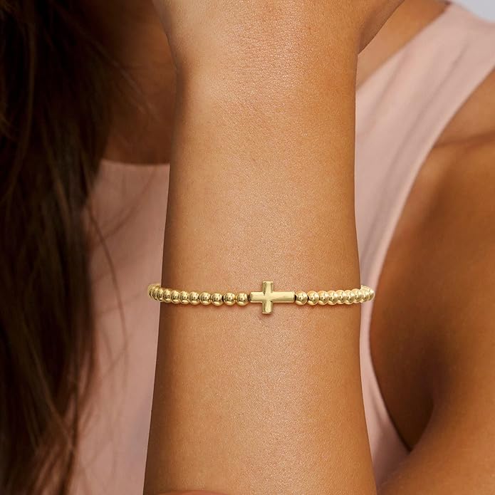 Gold Bracelets for Women 14K Gold Plated Bead Bracelet Hypoallergenic Stretch Bracelets for Women Elastic Bracelet Trendy Teen Gift Dainty Jewelry for Women