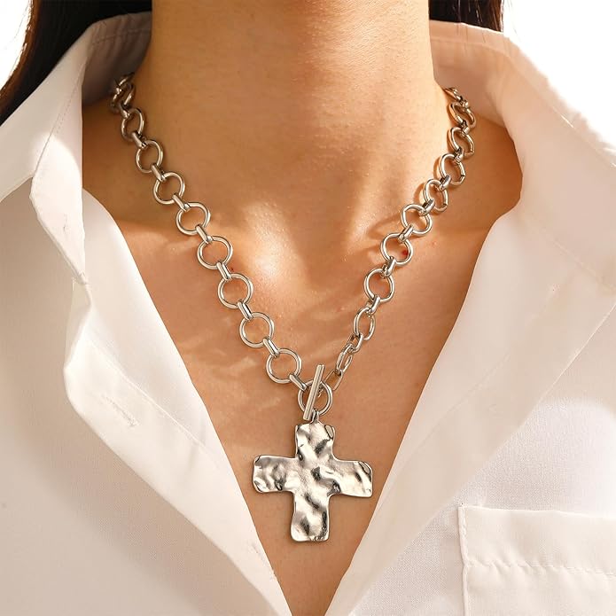 Atiptu Gold Chunky Cross Necklace for Women Statement Cross Pendant Necklace Layered Hammered Bold Cross Necklace Vintage Toggle Clasp Necklace Jewelry