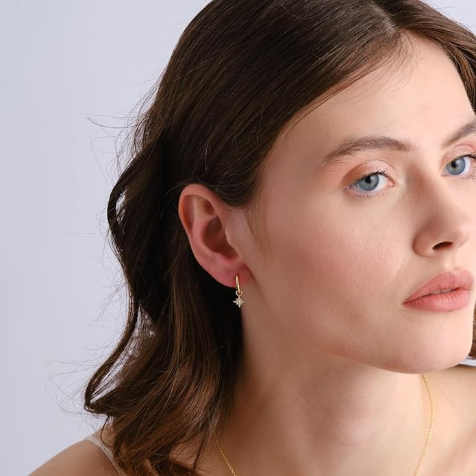 14K Yellow Gold Vermeil Earrings for Women, Hypoallergenic 925 Sterling Silver Minimalist Dainty Jewelry, CZ Accent Stud Hoop & Dangle Earrings, Gift for Her