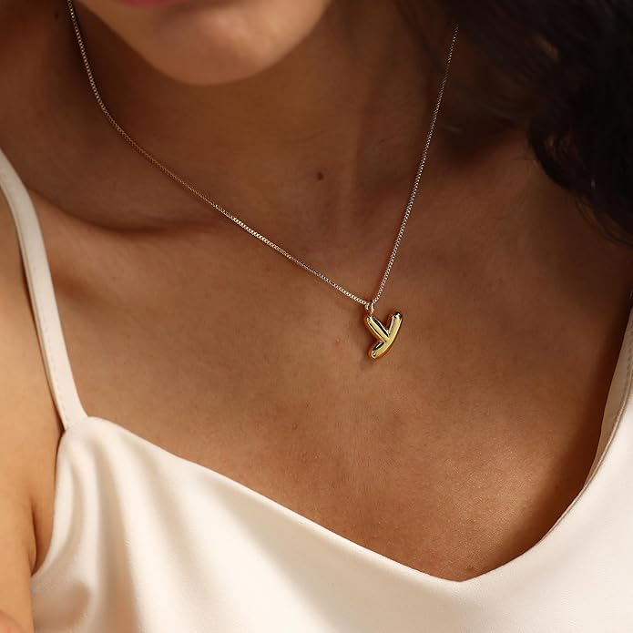 Bubble Gold Silver Letter Necklace Initial Necklaces for Women Trendy 14K Dainty Charm Pendant Name Necklace Personalized Jewelry Gift for Women Teen