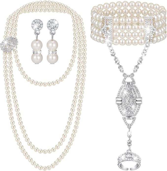 Maitys 3 Pcs 1920s Pearl Jewelry Set Includes Vintage Flapper Earrings Multilayer Imitation Pearl Necklace Bracelet for Women