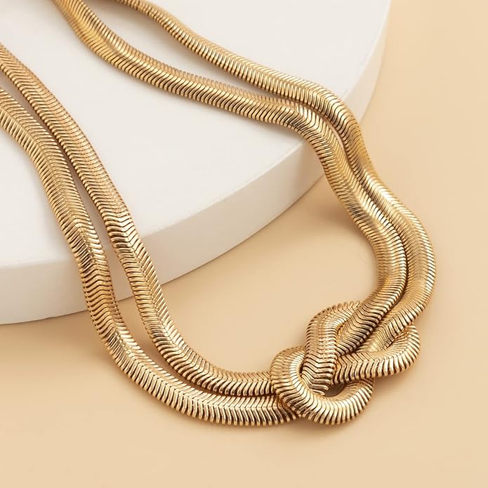 PLOUTOS Chunky Gold Knot Choker Necklace for Women Adjustable Double Snake Chain Design Bold Statement Fashion Jewelry Accessory For Party Daily Wear Gift