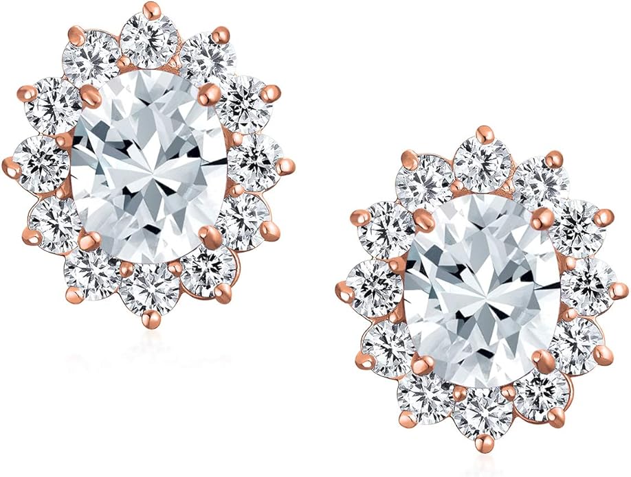 Traditional Classic Bridal Simulated Gemstones Cubic Zirconia AAA CZ Halo Crown Oval Stud Clip On Earrings For Women Wedding Non Pierced Ears Rose Gold Silver Plated