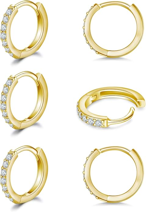 925 Sterling Silver Small Hoop Earrings Cubic Zirconia Huggie Hoop Earrings, 3 Pairs 14K White Gold Plated Cartilage Piercing Earrings Ear Cuff Tiny Hoop Earrings for Women Men