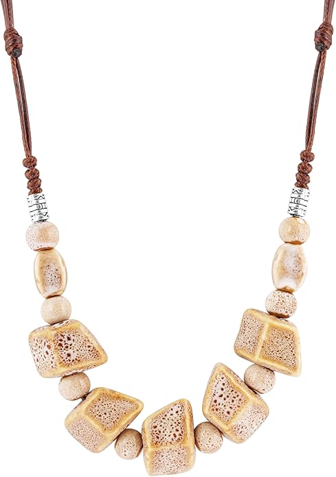 MINACHI Bohemian Hippie Colorful Ceramic Geometric Bead Strand Necklace, Vintage Boho Statement Jewelry Gift for Women