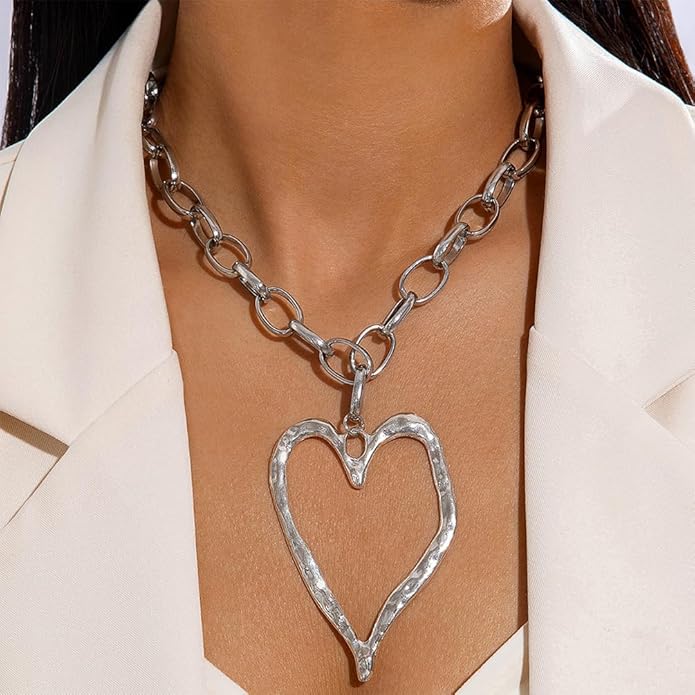 Bold Big Chunky Gold Heart Necklace for Women, Unique Large Thick Hollow Love Heart Pendant Chain Choker Necklaces Punk Party Prom Y2K Jewelry Gifts