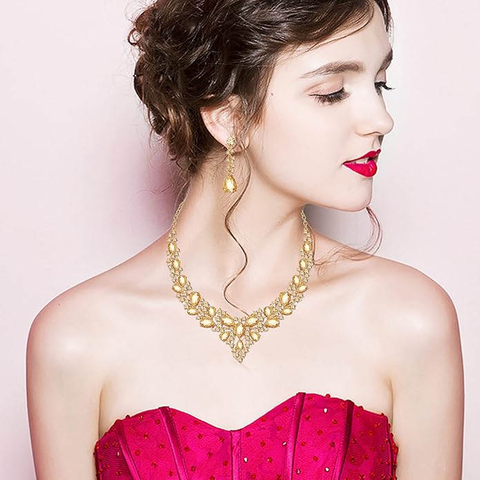CSY 4 Pcs/Set Austrian Crystal Necklace Earrings Bracelet Ring Bridal Jewelry Sets for Brides Wedding Party Costume Accessories Gifts for Women