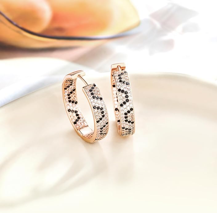 Rose Gold Hoop Earrings for Women, 925 Silver-Plated Thickened Hypoallergenic Earrings, CZ Black Gemstone-Inlaid Earrings - Women's Fashion Jewelry