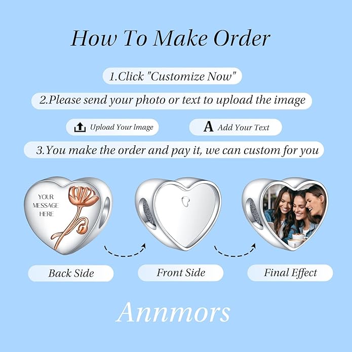 Annmors Personalized Photo Charm for Bracelet Necklaces,925 Sterling Silver Charm Love Heart Shaped Engraved Customize Picture Gift for Birthday Mother's Day Christmas,Bead Charms Jewelry for Women