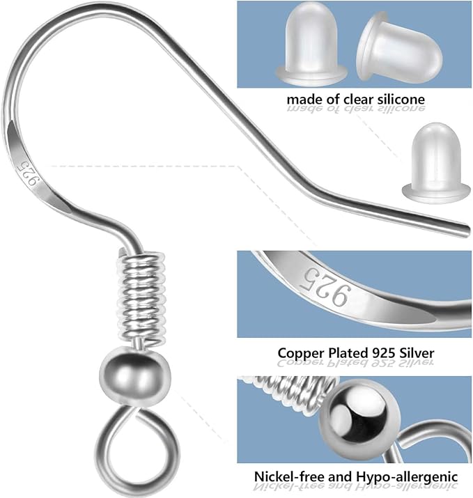925 Sterling Silver Plated Earring Hooks 150 PCS/75 Pairs,Ear Wires Fish Hooks,500pcs Hypoallergenic Earring Making kit with Jump Rings and Clear Silicone Earring Backs Stoppers (Silver)