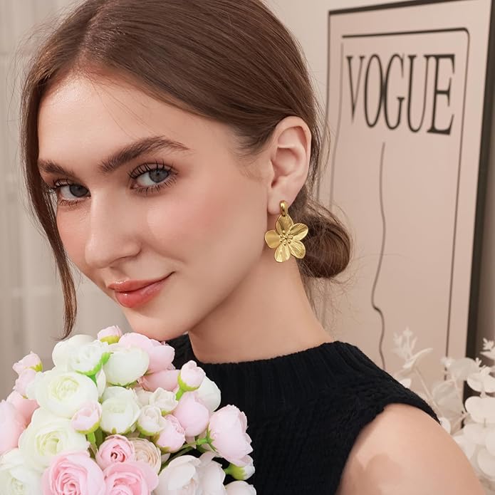 Gold Flower Statement Earrings for Women, Large Chunky Bohomian Summer Beach Floral Earring, Irregular Bold Exaggerated Earrings