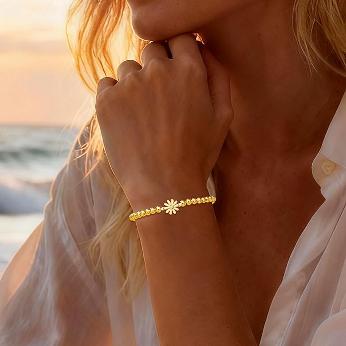 HZDK Gold Bracelets for Women - 14K Gold Plated Beaded Bracelets for Women Gold Jewelry Stackable Charm Bracelet Dainty Stretch Bead Bracelet Christmas Gifts for Her