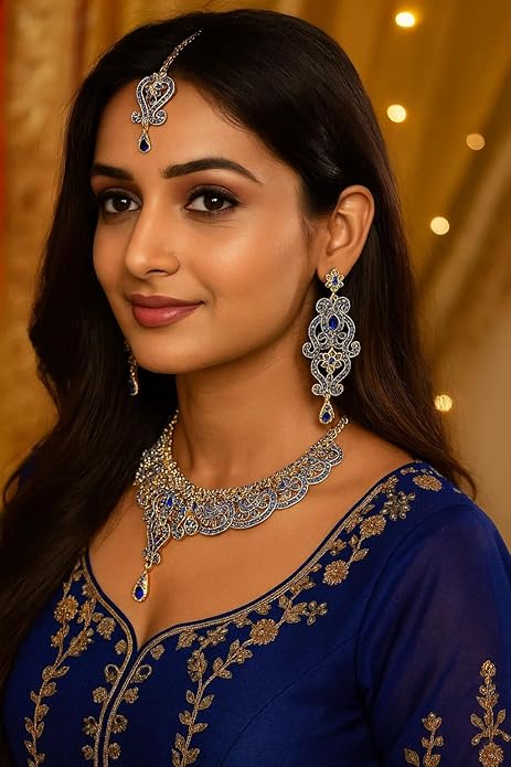 Touchstone Indian jewelry set for women bollywood gold jewellery wedding outfits necklace sets earrings bridal maang tikka fancy costume girls big desi accessories rhinestone in gold or silver tone