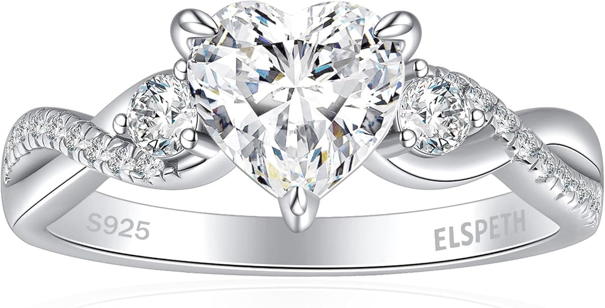 Elspeth 925 Sterling Silver Heart Engagement Ring for Women Heart Cut Cubic Zirconia Promise Ring Size 4-10