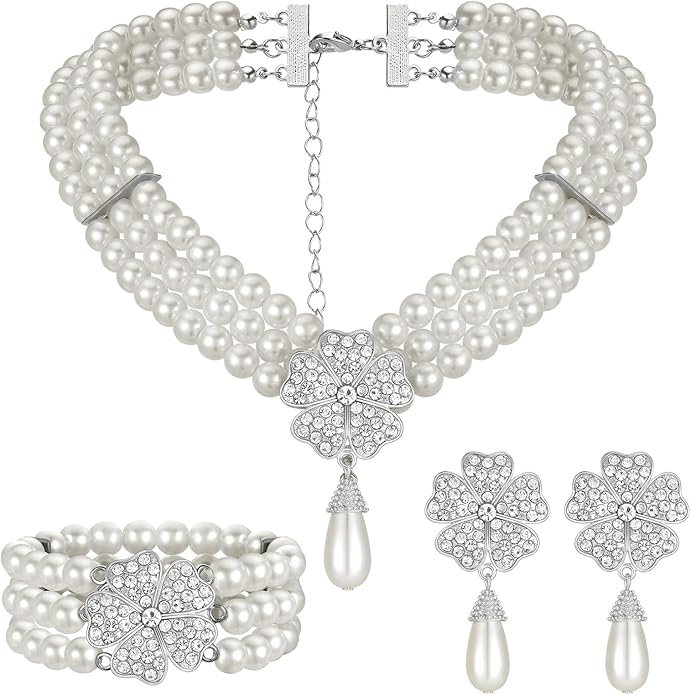 Maitys 3 Pcs 1920s Pearl Jewelry Set Includes Vintage Flapper Earrings Multilayer Imitation Pearl Necklace Bracelet for Women