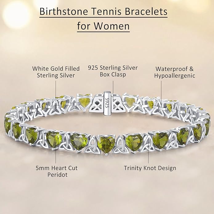 Birthstone Tennis Bracelets for Women, 925 Sterling Silver Heart Shaped Celtic Trinity Knot, 7 Inch Charm Trendy Hypoallergenic Anniversary Birthday Gifts for Her