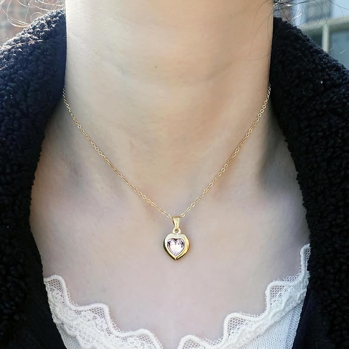Cute Gold Heart Necklace for Women,18k Gold Plated Cubic Zirconia Charm Necklaces,Stainless Steel Women's Heart Stone Pendant Necklace for Women,16-18 Inches Adjustable Chain,Trendy Jewelry Gifts