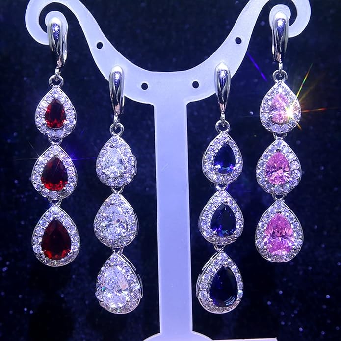 LMXXVJ Necklace Long Earrings Bracelet Set, White Gold Plated Created Blue Sapphire Jewelry Set Wedding Party Gift Jewelry for Women Bridal Bridesmaid