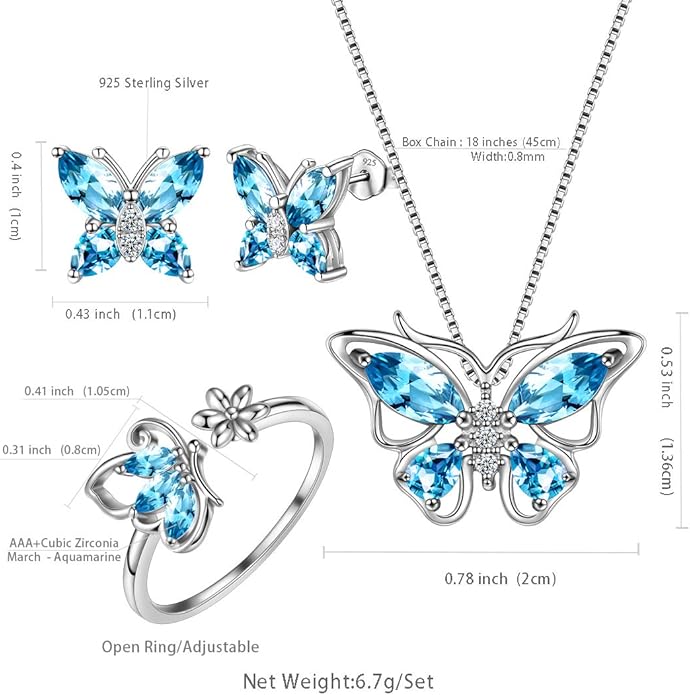 Aurora Tears Butterfly Jewelry,Women 925 Sterling Silver Butterflies Birthstone Pendant Necklace/Earrings/Rings Wedding Gift