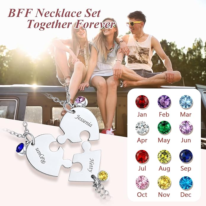 FindChic Personalized Matching BFF Necklace for 2/3/4/5/6 Puzzle Name Heart Pendant Stainless Steel Couple Necklace Set Customized Necklaces for Teen Girls
