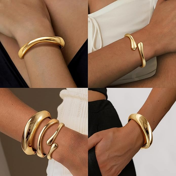 Chunky S925 Sterling Silver Plated Bangle Bracelets Stack for Women, Thick Statement Silver Plated Stackable Bangle Cuff Bracelets Set,Trendy Big Large Gold Bracelet Stacked Fashion Jewelry Gifts Non Tarnish
