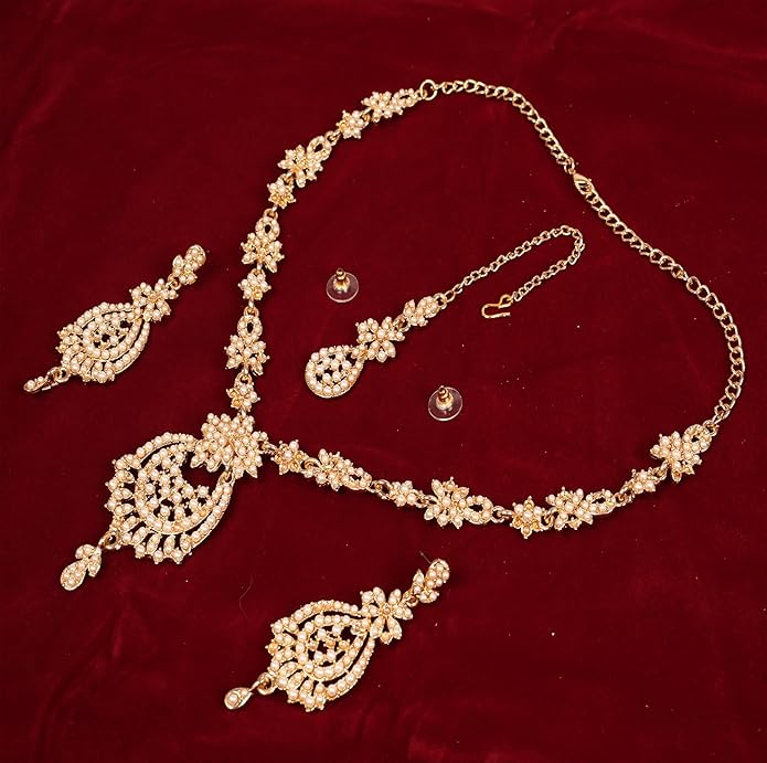 Touchstone Indian jewelry sets for women maang tikka wedding guest gold necklace bollywood jewellery set pageant elegant prom bride accessories western crystal chunky rhinestone necklaces