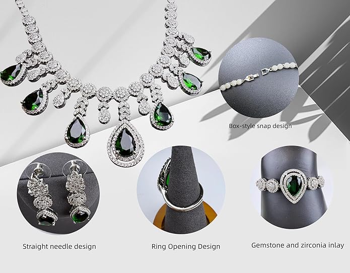 Rhinestone Wedding Bridal Jewelry Set Women's Prom Style Emerald Teardrop Necklace, Earrings, Bracelet, Ring Wedding Bridesmaid Gift Pairs With Evening Gowns