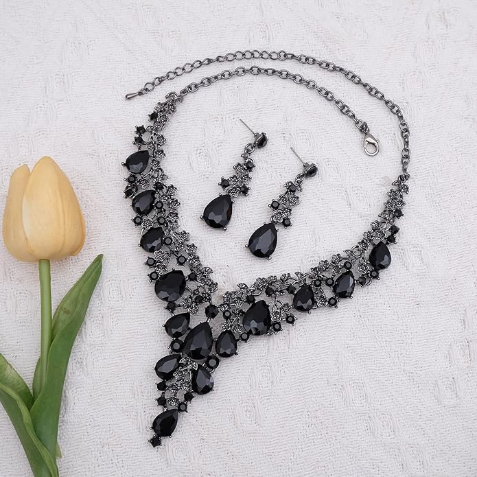 CSY Elegant Crystal Costume Jewelry Sets Flower Bridal Necklace Earrings Stretch Bangle Set for Bride Bridesmaid Wedding Dress Accessories